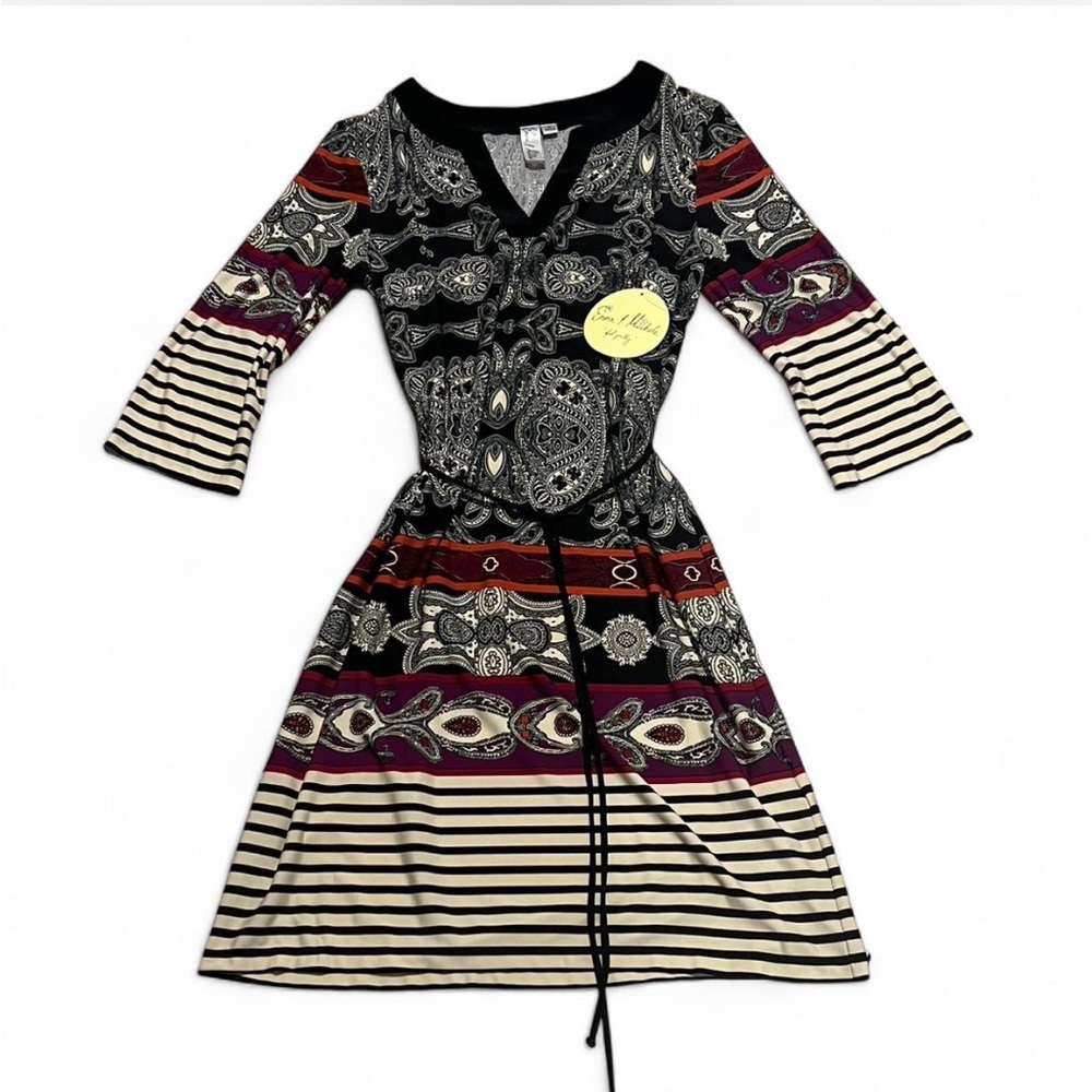 NWT Emma & Michelle Striped Black and Dark Red Paisley Floral Dress Size M